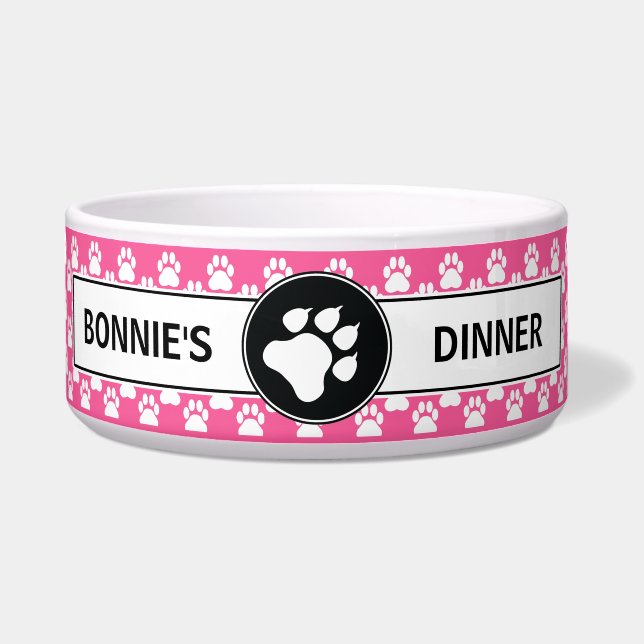 Pink And Black Dog Paws With Custom Text Bowl (Front)