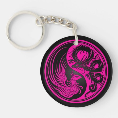 Pink and Black Dragon Phoenix Yin Yang Keychain