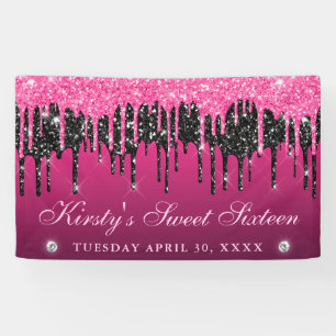 Pink and Black Dripping Glitter Sweet Sixteen Banner