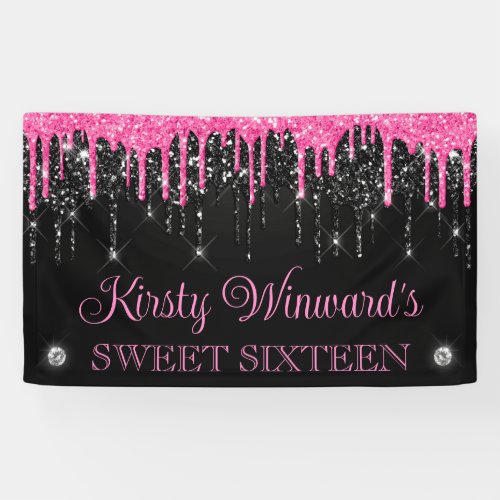 Pink and Black Dripping Glitter Sweet Sixteen Banner