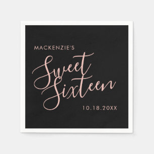 Pink and Black Elegant Sweet 16 Personalized Name Napkins