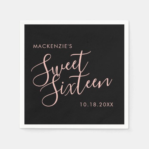 Pink and Black Elegant Sweet 16 Personalized Name Napkins