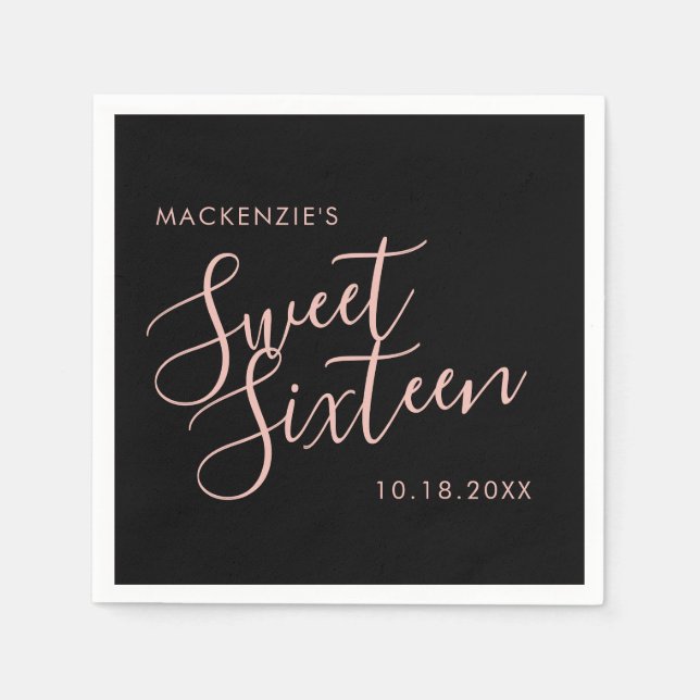 Pink and Black Elegant Sweet 16 Personalized Name Napkins (Front)