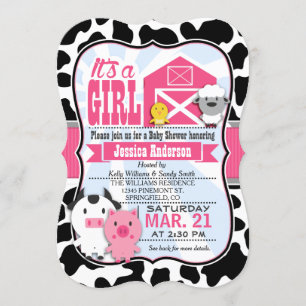Pink and Black Farm Animal Cowgirl Baby Shower Invitation