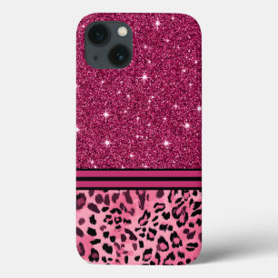 Pink and black faux glitter leopard iPhone 13 case