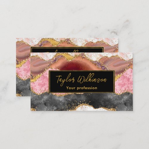Pink and Black Faux Glitter Sequins Agate Business Card