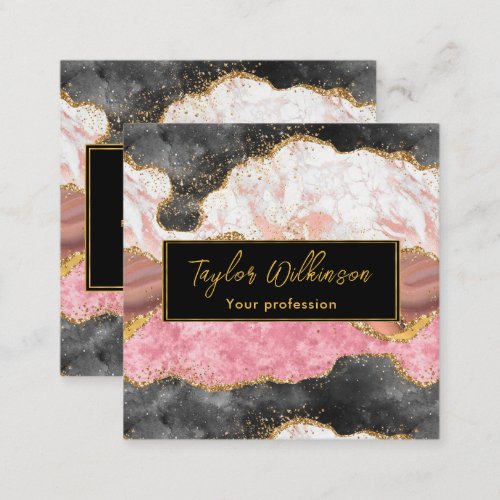 Pink and Black Faux Glitter Sequins Agate Square Business Card