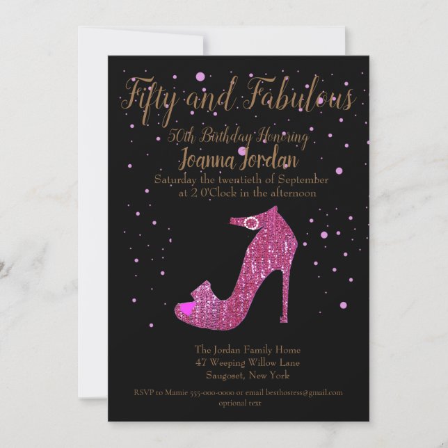 Pink and Black Fifty and Fabulous Birthday Party Invitation (Front)