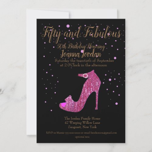 Pink and Black Fifty and Fabulous Birthday Party Invitation