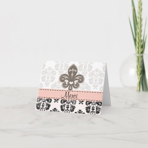 Pink and Black Fleur de Lis Merci Thank You Cards