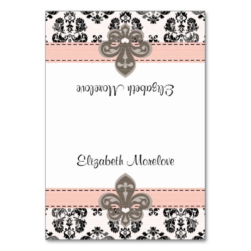 Pink and Black Fleur de Lis Tented Name Place Card
