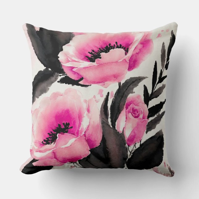 Pink and black floral abstract throw pillow (Front)