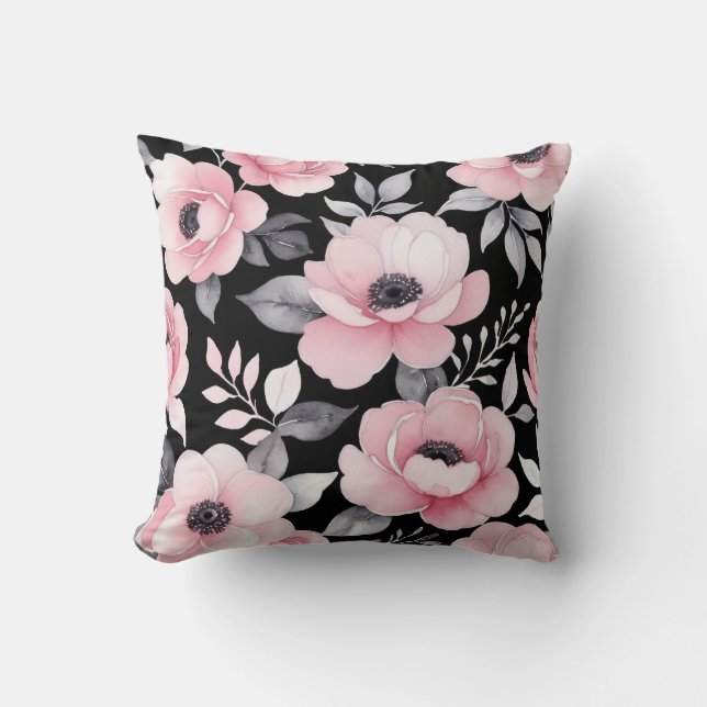 pink and black floral art throw pillow (Front)