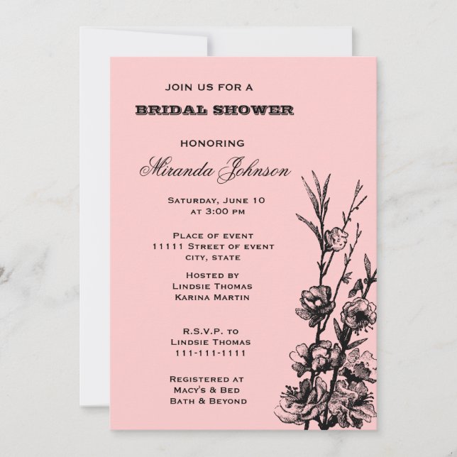 Pink and Black Floral Bridal Shower Invitation (Front)