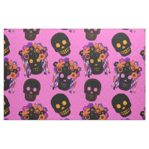 Pink and Black Floral Crowned Skulls Halloween Fabric