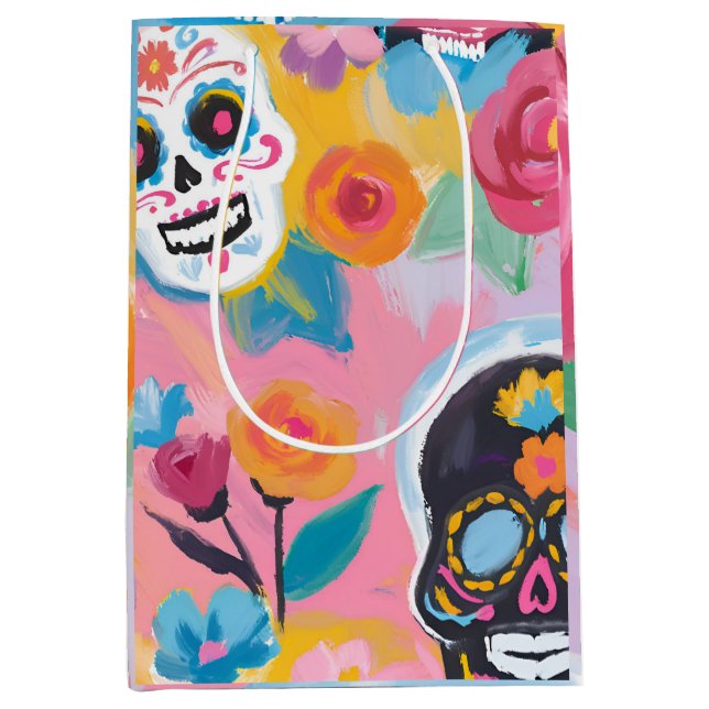 Pink and black Floral Dia de Muertos  Medium Gift Bag (Front)