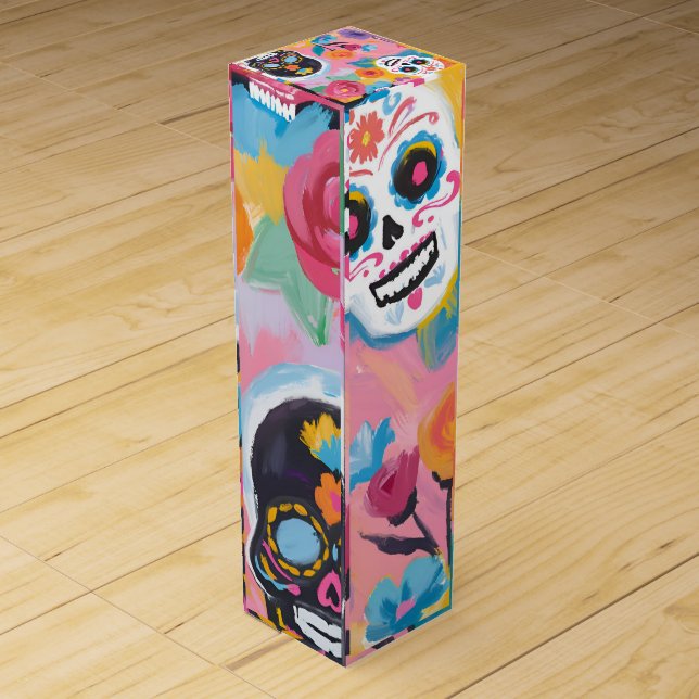 Pink and black Floral Dia de Muertos  Wine Box (Back)