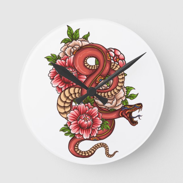Pink and Black Floral Dragon on  Round Clock (Front)