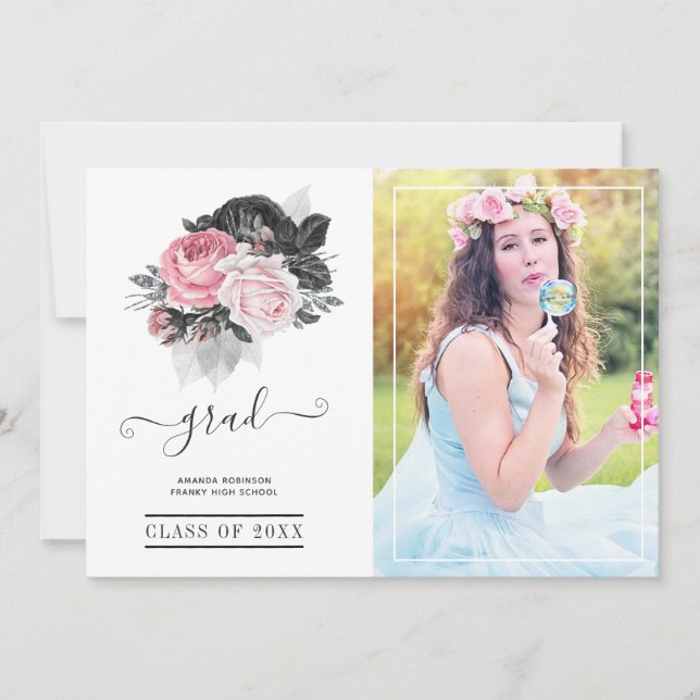 Pink and Black Floral Graduation Photo Announcement (Front)
