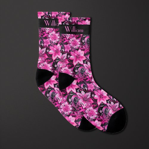 Pink and Black Floral Monogram Socks