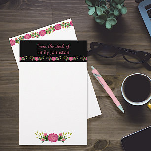 Pink and Black Floral Personalized Stationery