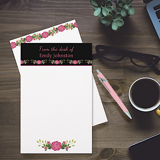 Pink and Black Floral Personalized Stationery (Creator Uploaded)