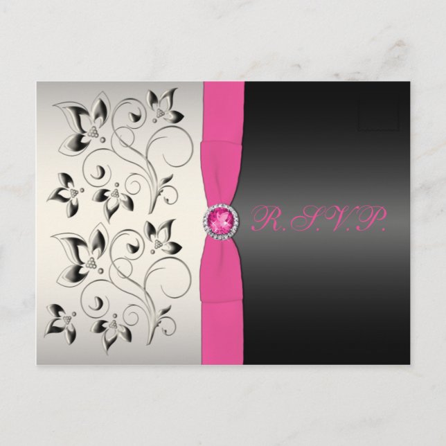 Pink and Black Floral RSVP Postcard (Front)