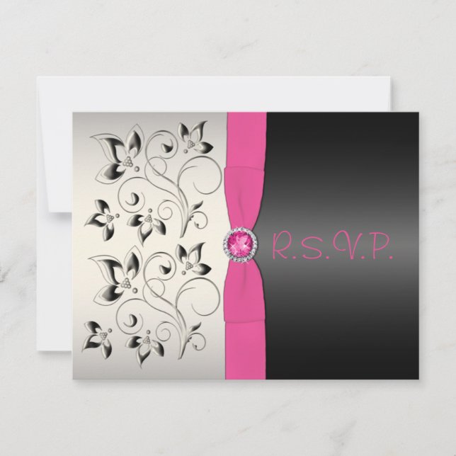 Pink and Black Floral Sweet 16 Party RSVP Card (Front)