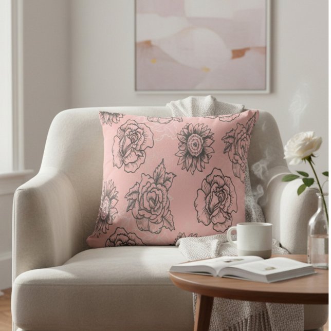 Pink and Black Floral Throw Pillow (Creator Uploaded)