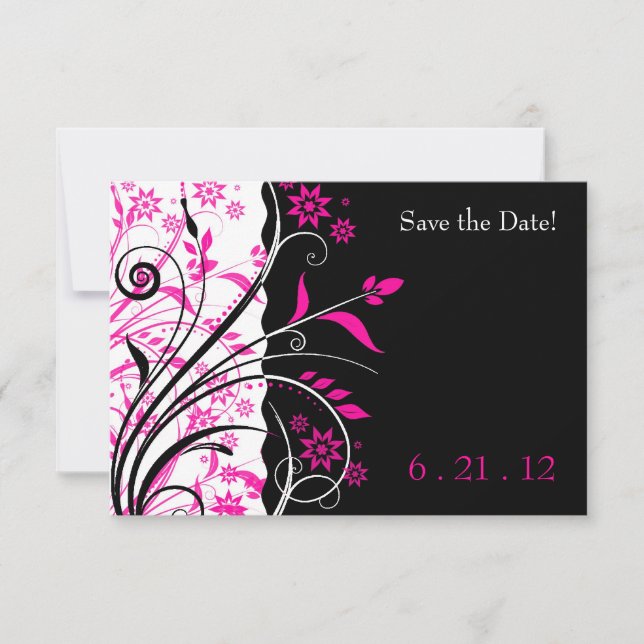 Pink and Black Floral Wedding Save the Date Cards (Front)