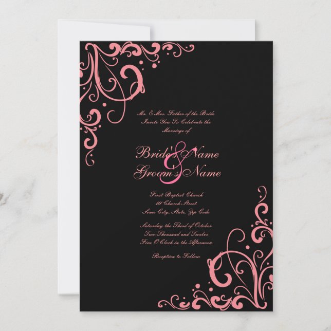 Pink and Black Flourish Wedding Invitation (Front)