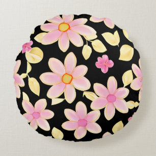 Pink and Black Flower Pattern Round Pillow
