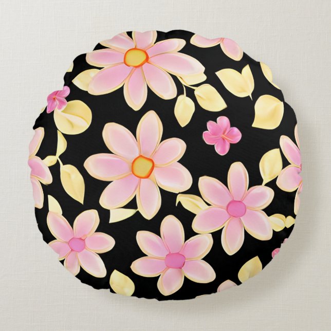 Pink and Black Flower Pattern  Round Pillow (Front)