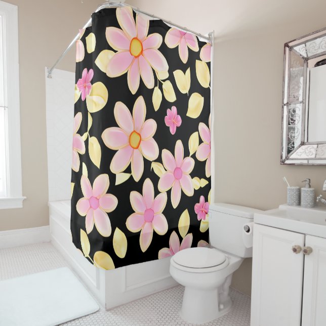 Pink and Black Flower Pattern  Shower Curtain (In Situ)