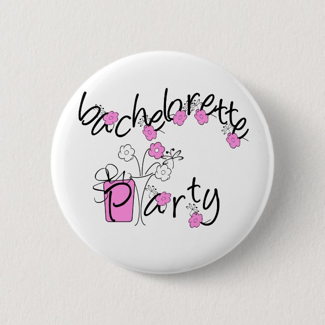 Pink and Black Flowers Bachelorette Party Pinback Button (Front)