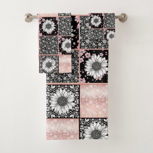 Pink and Black Flowers Patchwork Pattern Bath Towel Set