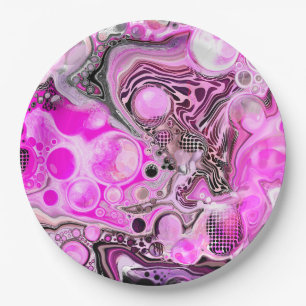 Pink and Black Fluid Art Pour Painting Effect    Paper Plates
