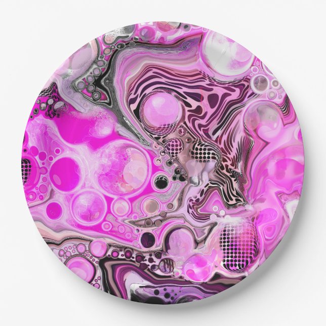 Pink and Black Fluid Art Pour Painting Effect    Paper Plates (Front)