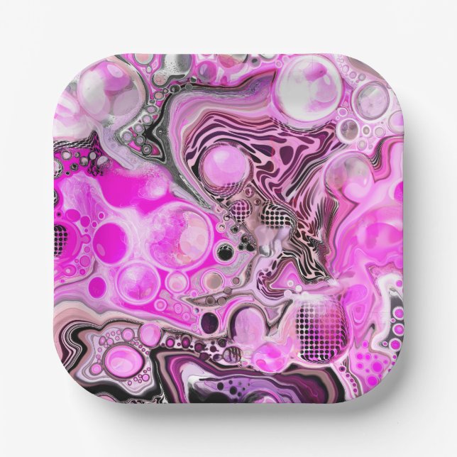 Pink and Black Fluid Art Pour Painting Effect Paper Plates (Front)