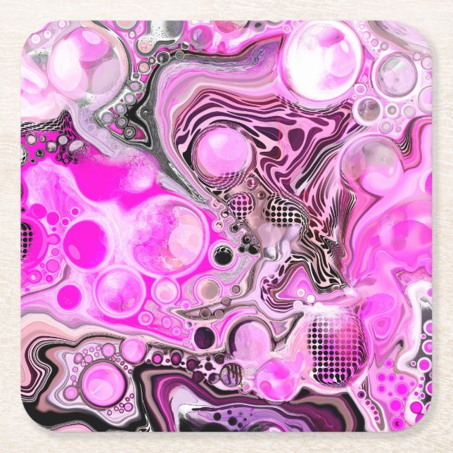 Pink and Black Fluid Art Pour Painting Effect   Square Paper Coaster (Front)