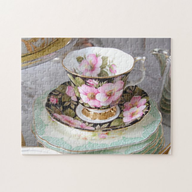 Pink and Black Foral Teacup Jigsaw Puzzle (Horizontal)
