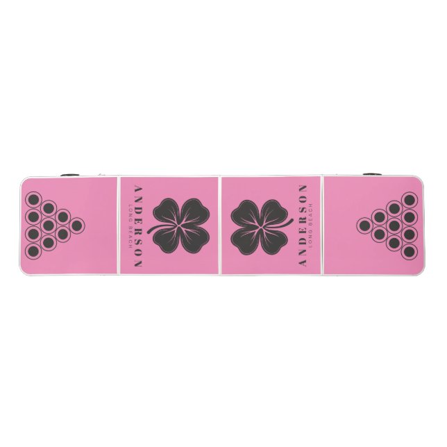 Pink and Black Four Leaf Clover with Name Beer Pong Table (Top)