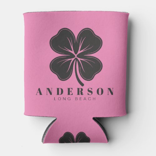 Pink and Black Four Leaf Clover with Name Can Cooler
