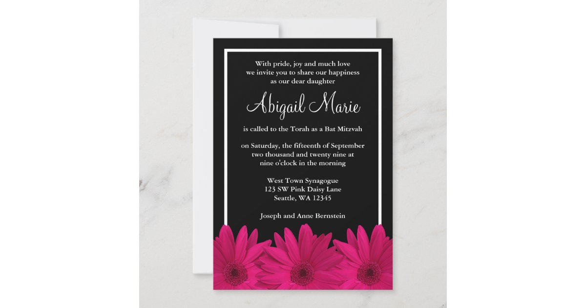 Pink and Black Gerbera Daisy Bat Mitzvah Invitation | Zazzle