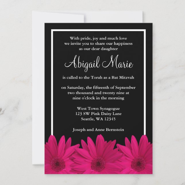Pink and Black Gerbera Daisy Bat Mitzvah Invitation (Front)