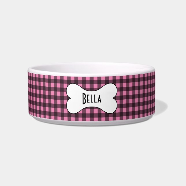 Pink and Black Gingham with Name in Dog Bone Bowl (Front)