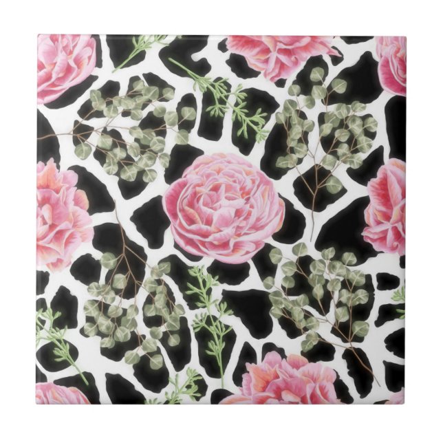 Pink and Black Giraffe Pattern and Flowers Ceramic Tile (Front)