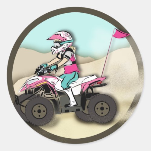 Pink and Black Girl ATV Rider Classic Round Sticker