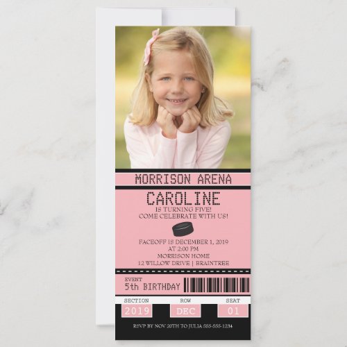 Pink and Black Girl Hockey Ticket Birthday Invitation