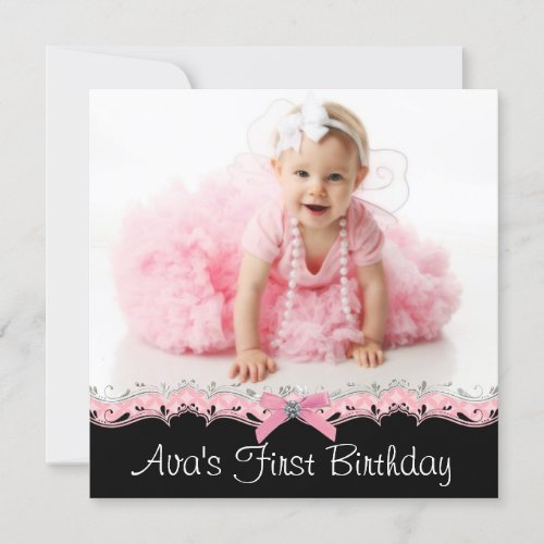 Pink Black Girls Photo 1st Birthday Party Announcement